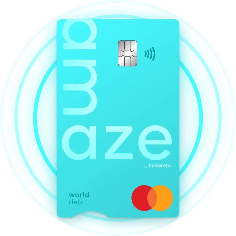 Blue Instarem World Debit Mastercard card with contactless symbol on a turquoise background.