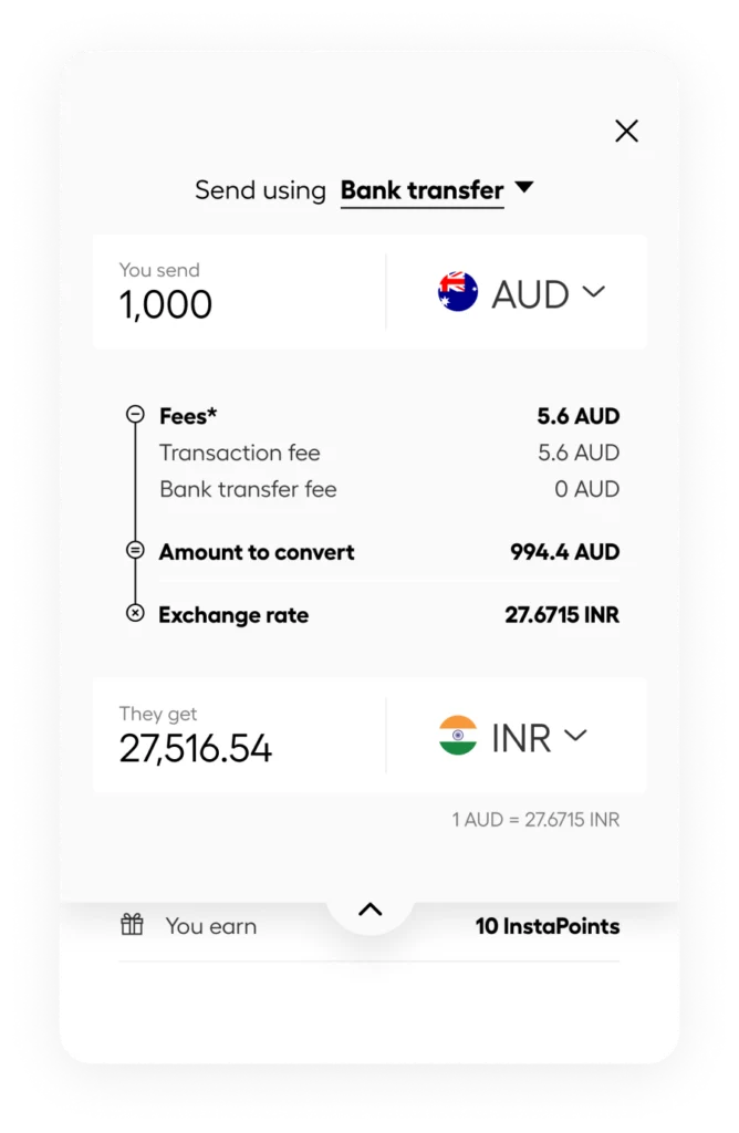 Modal: Send using Bank transfer, show amount to convert and fees in AUD and INR screenshotted UI