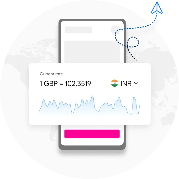 Illustration of a currency converter on a phone showing 1 GBP = 102.3519 INR with a blue line graph and world map background