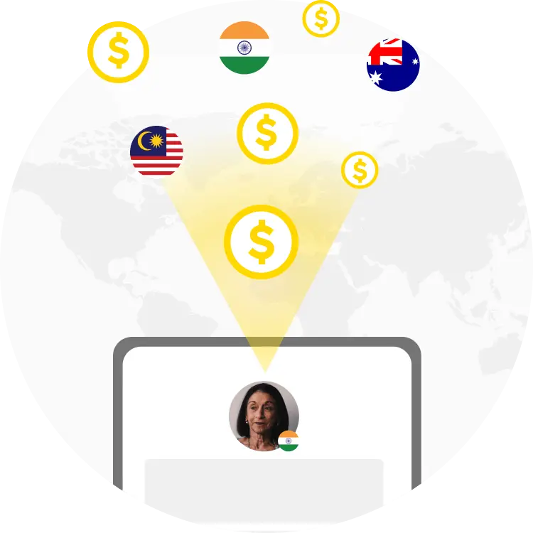 Global money transfer concept: coins from multiple countries funneling toward a person's profile on a device.