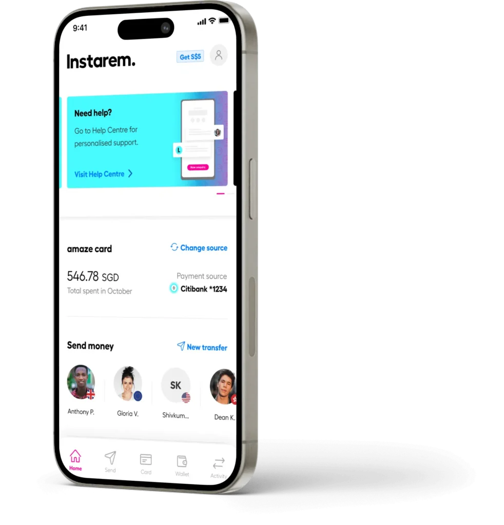 Mobile screen showing the Instarem app with a help banner and card, plus balance and transfer sections at the bottom.