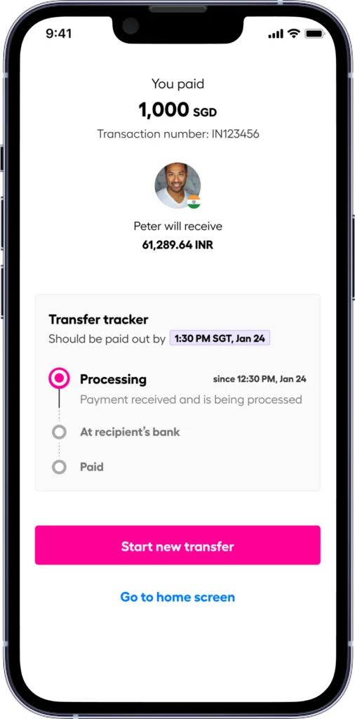 Payment confirmed: 1,000 SGD sent to Peter; recipient will receive 61,289.64 INR. Transaction IN123456. Active step: Processing with ETA 1:30 PM SGT, Jan 24. Pink 'Start new transfer' button; 'Go to home screen' link.