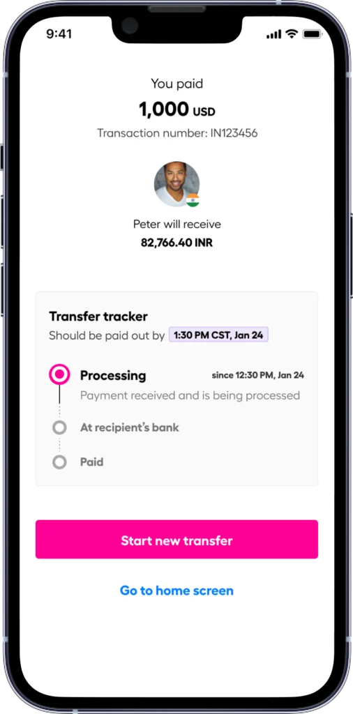 Confirmation screen: You paid 1,000 USD; Transaction number IN123456; recipient Peter will receive 82,766.40 INR, with profile image and Indian flag badge.