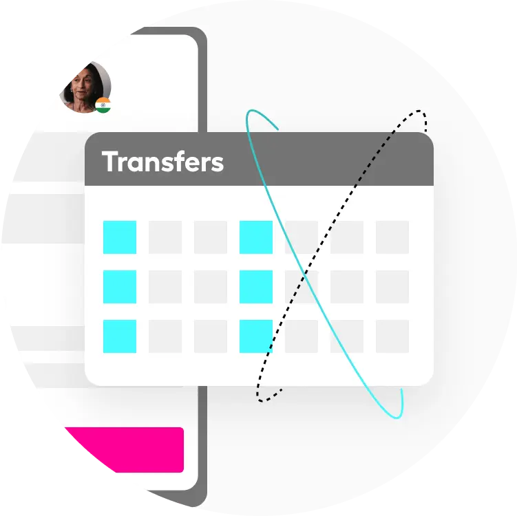 Illustration of a calendar widget titled Transfers with blue-highlighted days and a user avatar, suggesting scheduled money transfers.