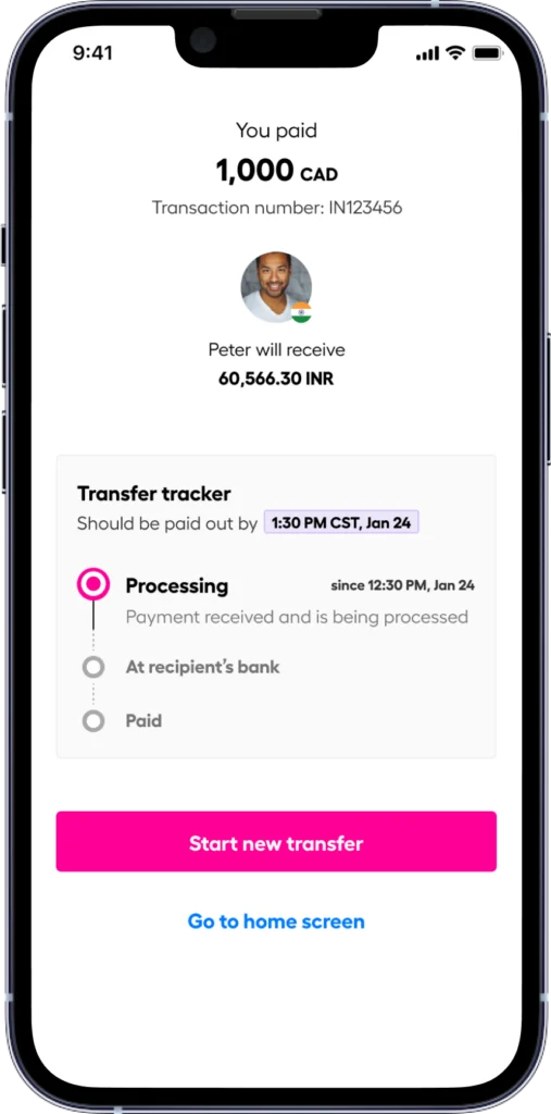 Transfer receipt screen: 1,000 CAD paid to Peter with 60,566.30 INR to be received; status Processing; actions 'Start new transfer' and 'Go to home screen'.