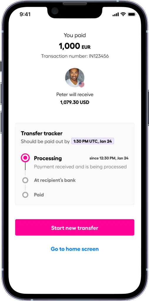 Payment confirmation: you paid 1,000 EUR to Peter (Transaction IN123456); recipient photo with US flag; status shows Processing stage.