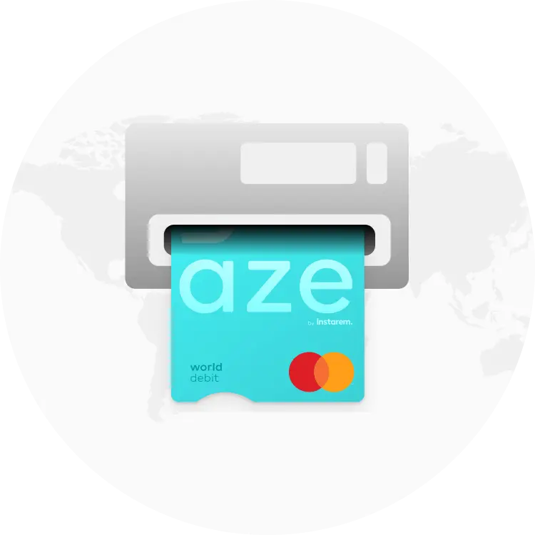 Printer finishing a turquoise AZE debit card being printed, Mastercard logo visible against a pale world map background.