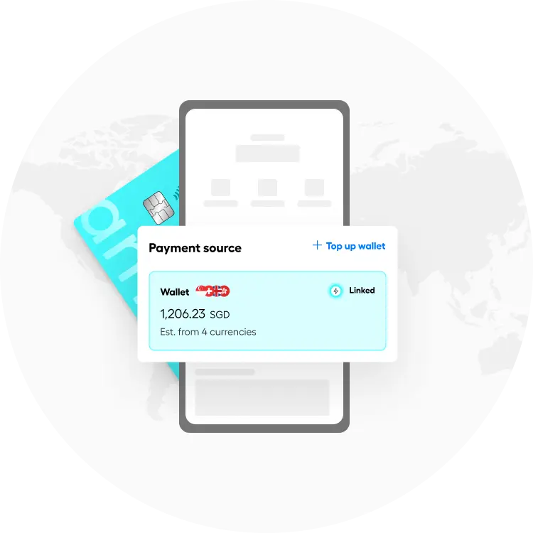 Illustration of a digital wallet connected to a mobile device, showing a 'Payment source' card with balance and 'Linked' status.