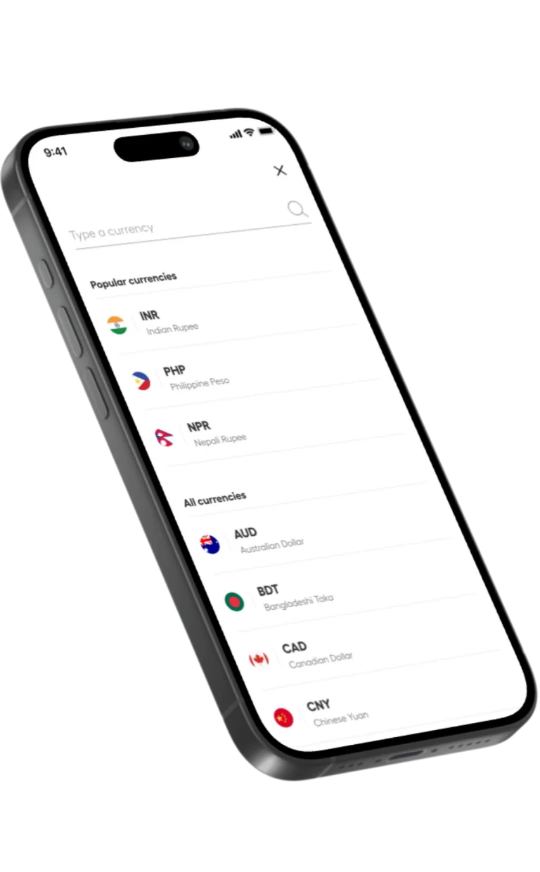 Smartphone screen showing a currency app with a list of popular currencies (INR, PHP, NPR, AUD, BDT, CAD) and their country names