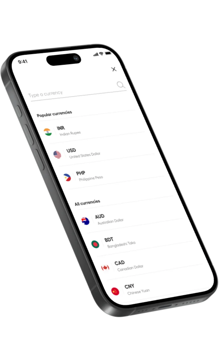 Phone screen shows a currency converter app with a long list of currencies and flags (INR, USD, PHP, AUD, etc.).