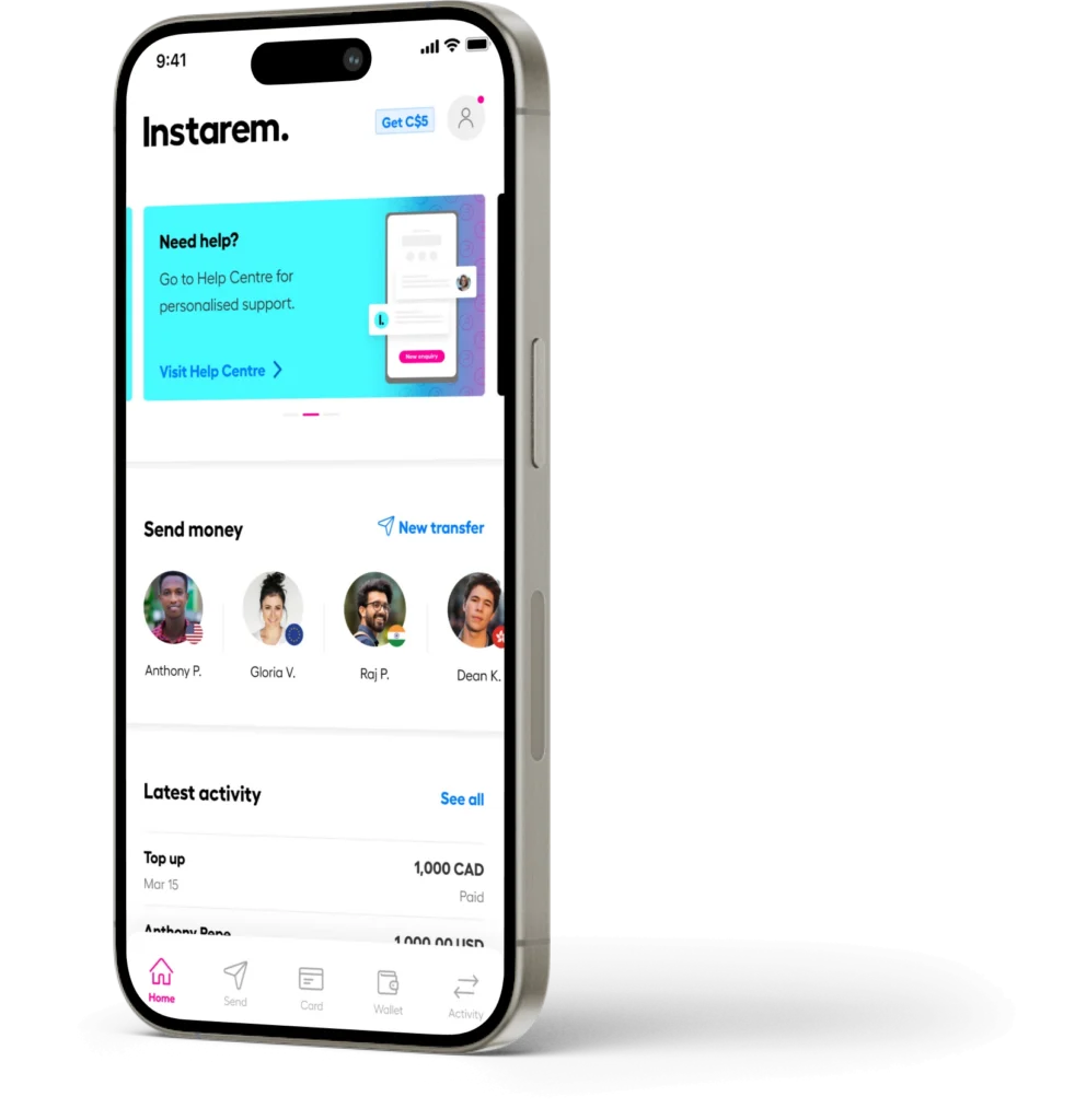 Instarem mobile home screen showing 'Send money' and 'Latest activity' sections with user avatars and bottom navigation bar.