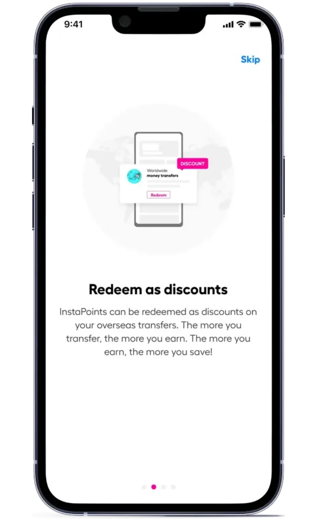 Onboarding screen: title 'Redeem as discounts' with a brief description and a phone illustration showing a discount card; 'Skip' in the top-right corner.