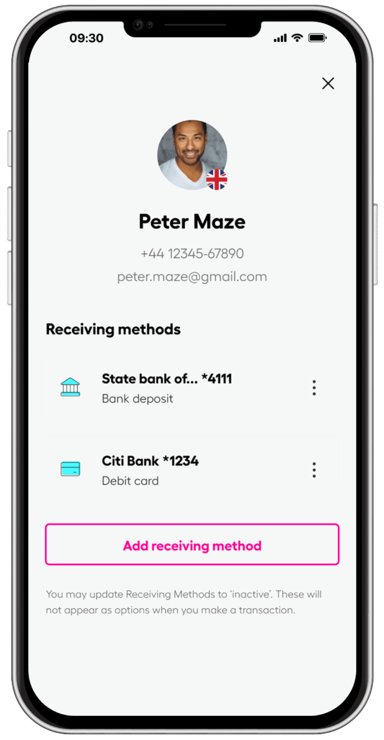 Profile screen for Peter Maze with avatar, UK flag badge, phone number, and email address. It also shows a list of receiving methods (bank deposit, debit card) and an Add receiving method button.